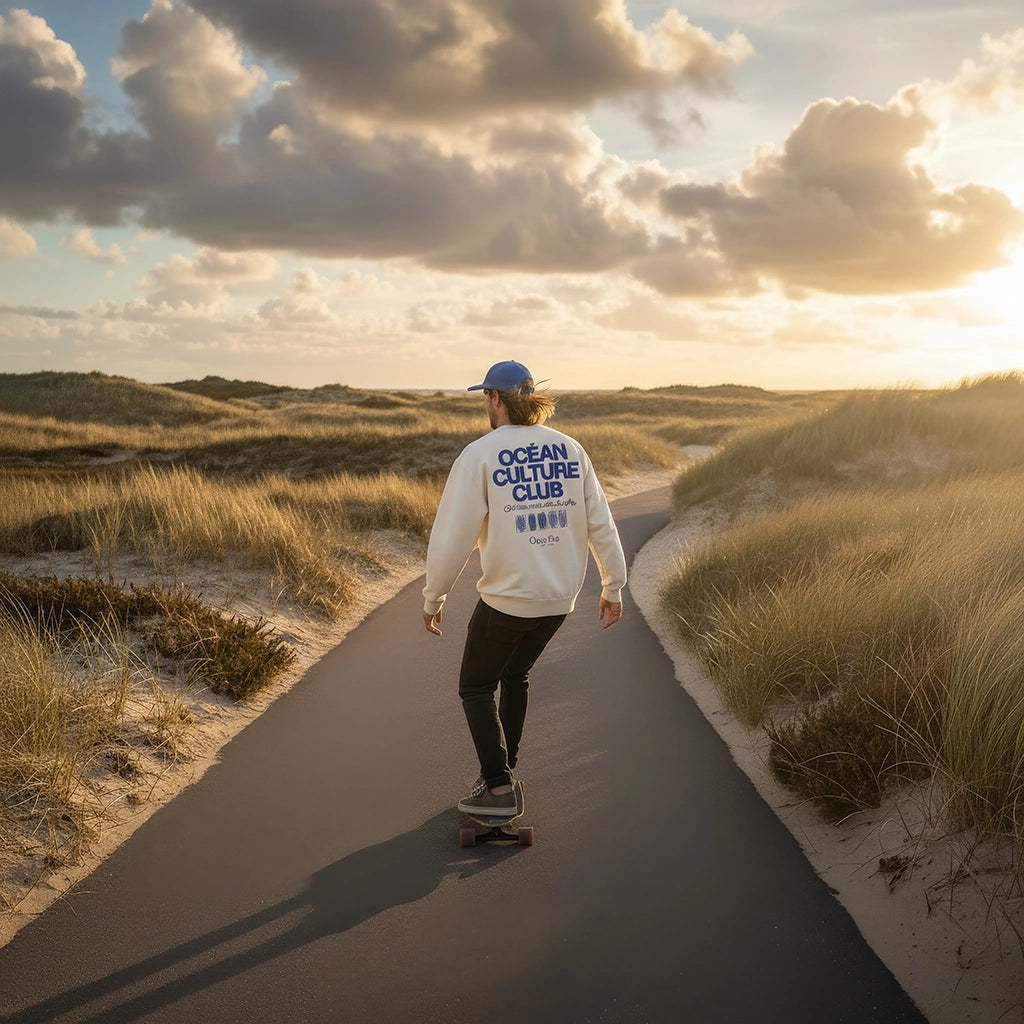 <img src="Ocean-Culture-Club-Sweatshirt-off-white-back-man-carving-Longboard-1024px.webp" alt="Mann carvt auf dem Longboard eine Straße zwischen den Dünen entlang, trägt das Ocean Culture Club Sweatshirt in Off-White: Rückansicht mit großem Backprint (Schriftzug 'Ocean Culture Club' und gradlinige Illustrationen von Wasserpflanzen, Algen und Korallen), entspannte Küstenatmosphäre, gefertigt aus 100% GOTS-zertifizierter Bio-Baumwolle">